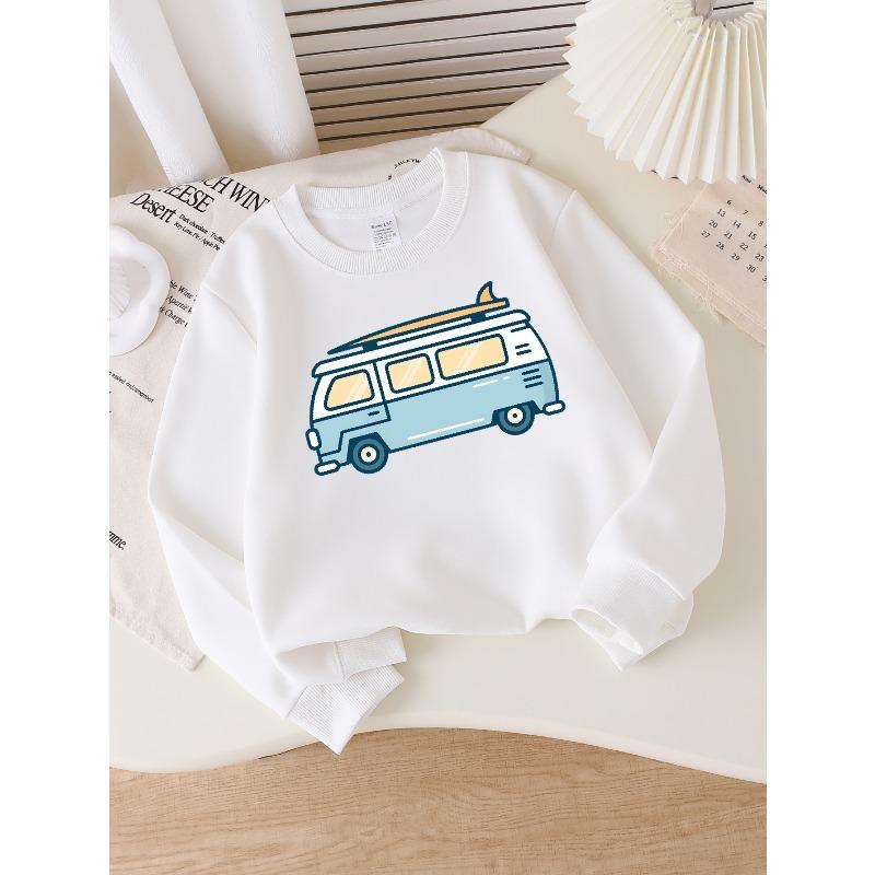 European sizes Van Surfboard Adventure Road Trip Girls' Crew Neck Fashion Sweatshirt, Autumn Winter Western Top, Long Sleeved Casual.