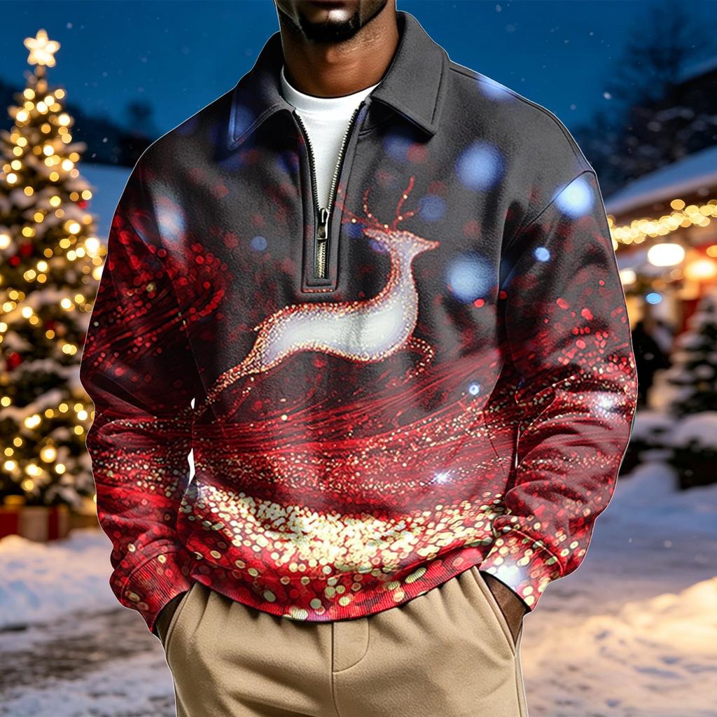 Men's Casual Christmas Print Collared Long Sleeve Pullover Sweatshirt