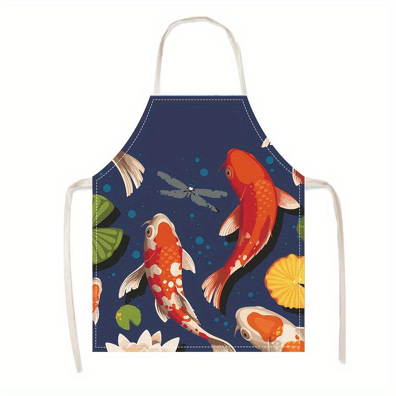 1pc Koi Fish Apron Linen Japanese Style Kitchen Cooking Baking Smock Adult Chef Gift Men Women Oriental Art Design