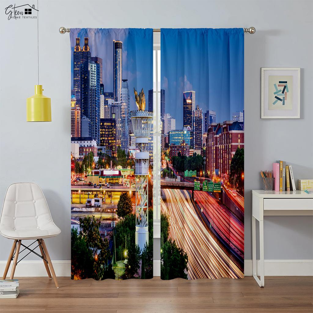 High Quality City Building 3d Printed Curtains Night View Hand-Painted Industrial Style Blackout Heat Insulation Curtains 2PCS
