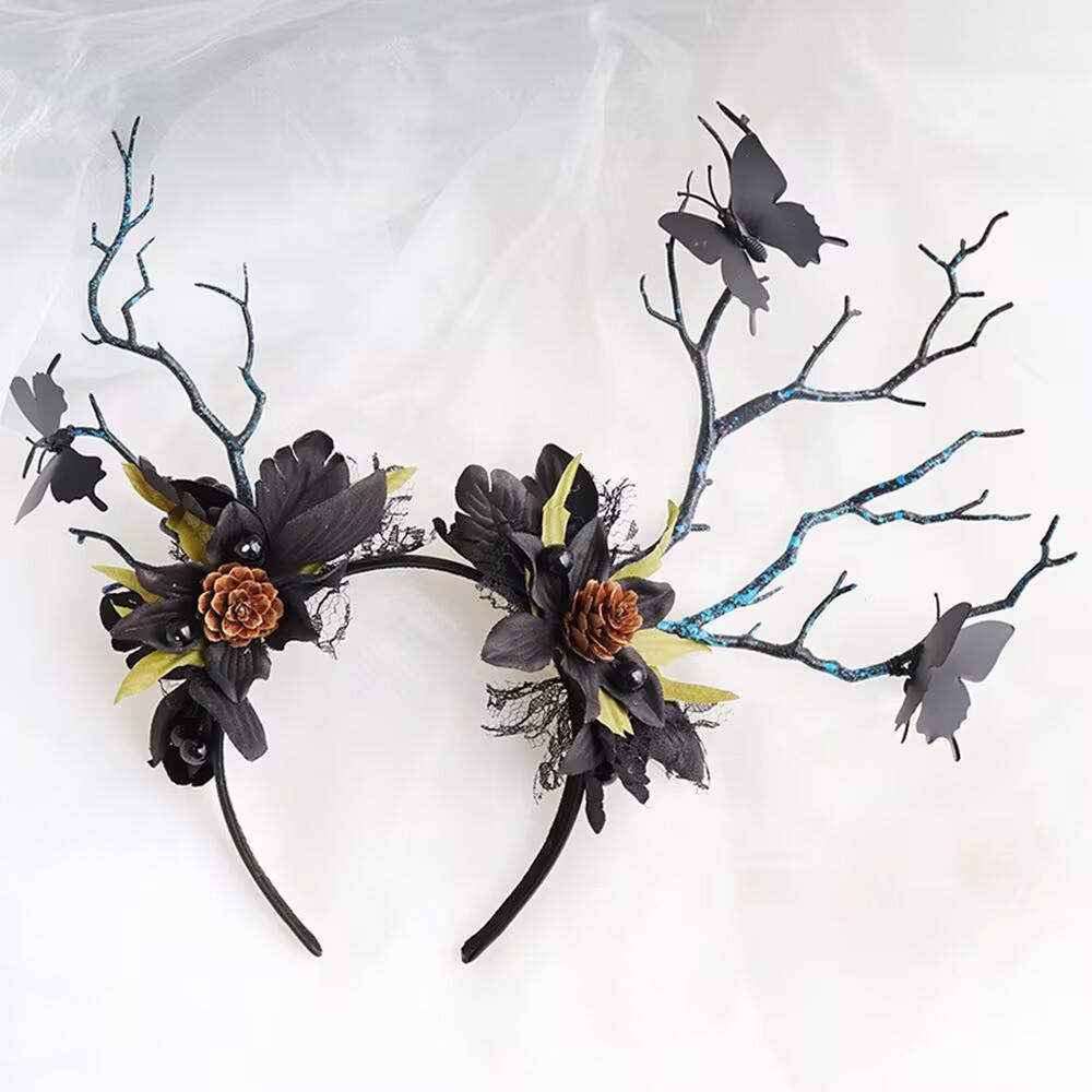 Diadema Exagerada Estilo Mori con Flores y Astas para Niños, para Fotos y Actuaciones