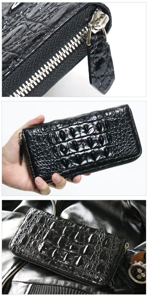 Bercute Men's Black Crocodile Leather Long Wallet, Genuine Leather, Alligator Skin Wallet with Round Zipper, Popular Brand, 1151053-F-790b