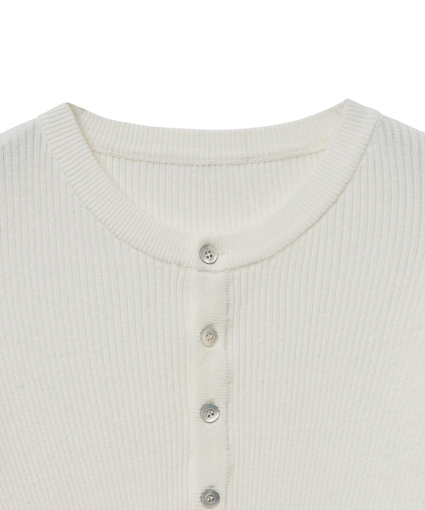 NOIRER Cotton Ribbed Henley Neck Knit (Ivory)