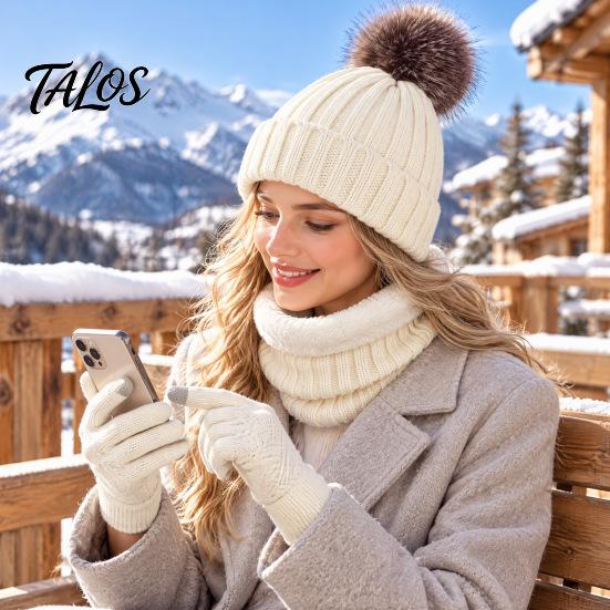 Stylish Winter Outfit Accessories Hat Neck Warmer Gloves Set, Knitted Beanies with Pompom, Touch Thermal Fleece Lined Screen Gloves, Knit for