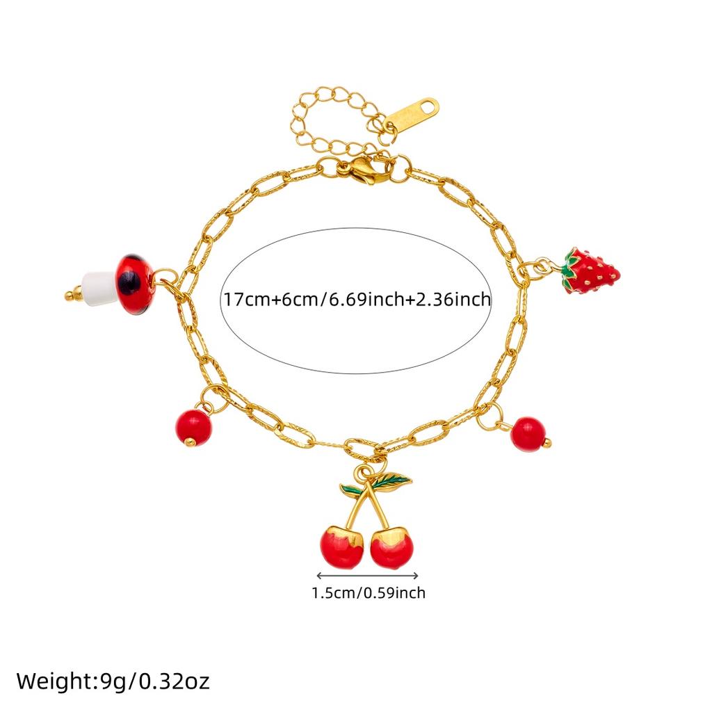 DIEYURO 316L Stainless Steel Cute Red Cherry Strawberry Plant Pendant Bracelet Lady New Fashion Classic Wrist Chain Jewelry Gift