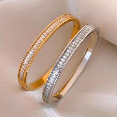 Stainless Steel Geometric Zircon Buckle Bangle - Elegantly Stylish Bracelet for Women