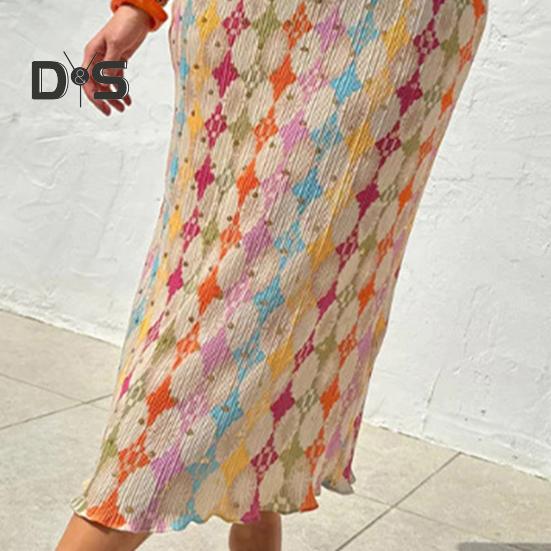 Women Dress Colorful Print Deep V Neck Long Lantern Sleeves Loose Waist Bohemian Style Vacation Shopping Dating Maxi Dress