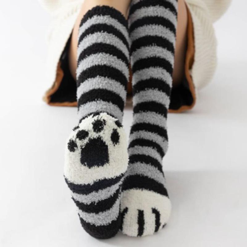 College Style Thicken Coral Fleece Cat Paw Calf Socks For Women Autumn Winter Warm Long Tube Socks Home Sleeping Floor Socks