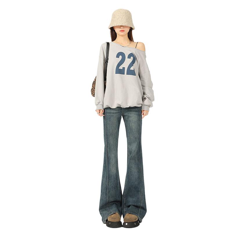 Retro micro-pull jeans women's spring and autumn new fat mm pear-shaped figure high waist and thin flared pants Yichun