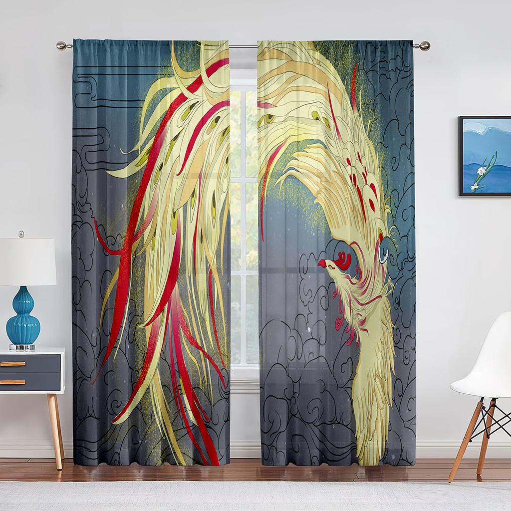 Pasăre Flacără Phoenix Zburătoare Animal Psihedelic Perdele Tulle pentru Decor Living Perdea Voal Transparentă pentru Dormitor Jaluzele Fereastră