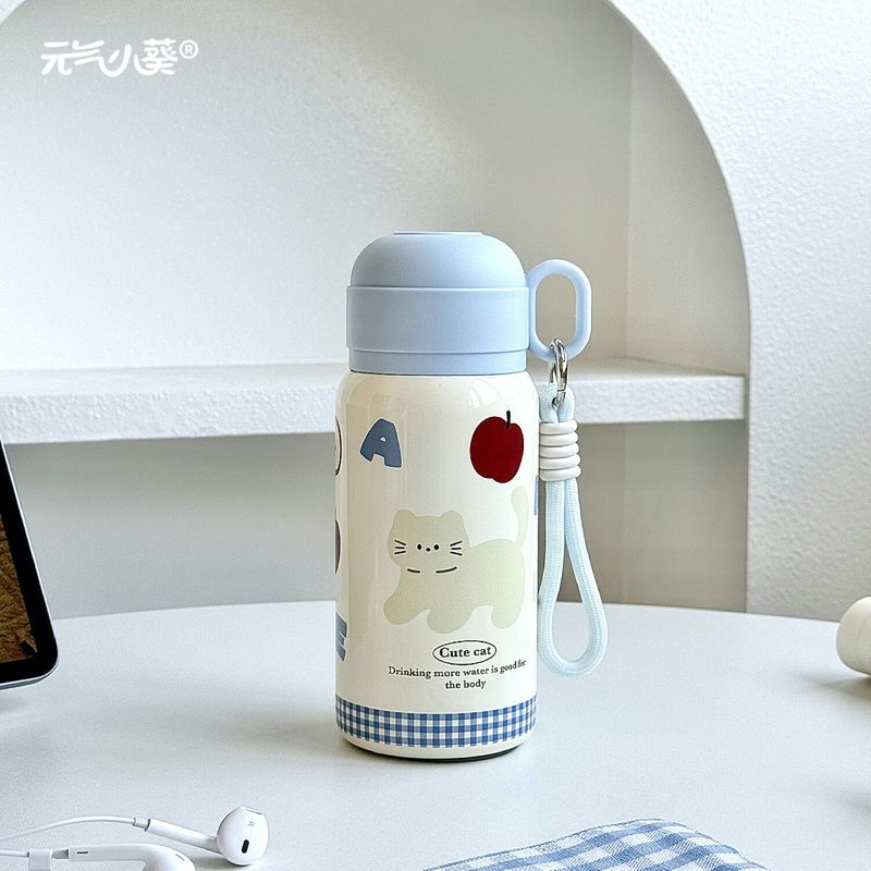 Letter Apple Little Cat Cute Large Capacity Insulated Cup High-Quality Student Campus Portable Three-In-One Drinking Cup with Straw