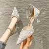 99912 night show fashion one-word belt hollow high heels 2026 spring new pointed bridesmaid wedding shoes