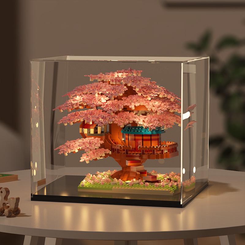 Cherry Blossom Treehouse Light-Up Building Blocks - Compatible with Lego, Flower Children's Toy, Girls' Handmade Ornament, Valentine's Day Gift.
