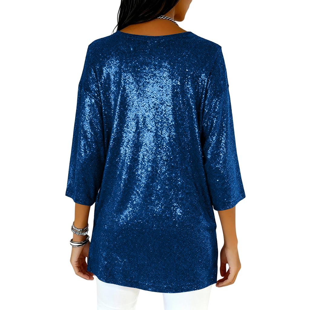 Damenmode Lockerer Sitz V-Ausschnitt Dreiviertelärmel Schlitzsaum Farbiger Top