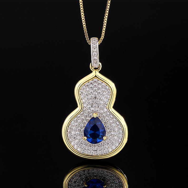 Fashionable Retro Color Treasure Necklace Gourd Pendant Inlaid With Zircon Emerald Collarbone Chain Women's Jewelry High-end