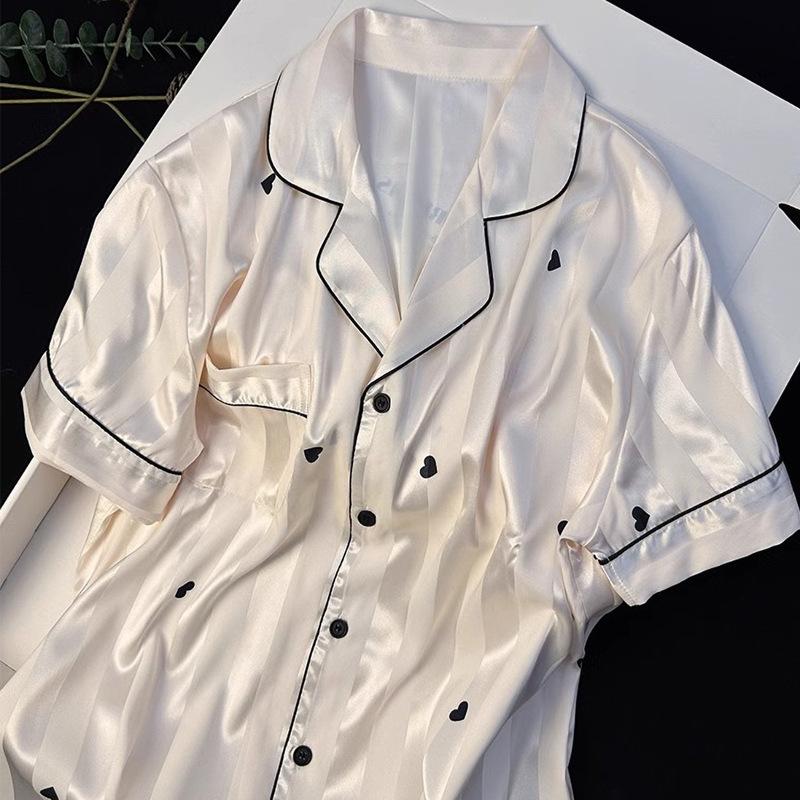 Summer Simulation Silk Striped Simple High-End Women'S Pajamas Cool Love Short-Sleeved Loungewear