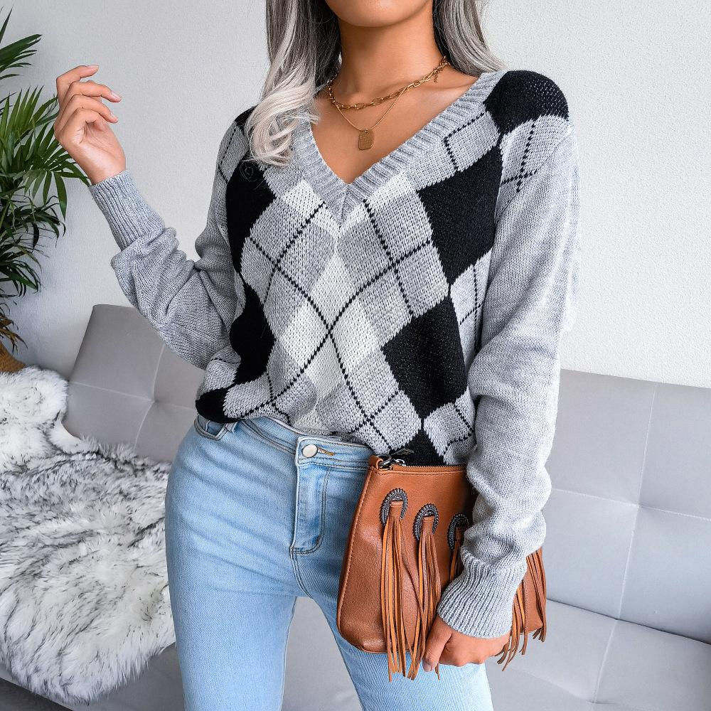 New Diamond Checkered Casual Versatile V-neck Sweater for Girls
