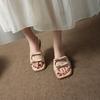 Womens Flat Slide Sandals With Bow Detail Square Toe PU Upper Rubber Sole Casual Shoes
