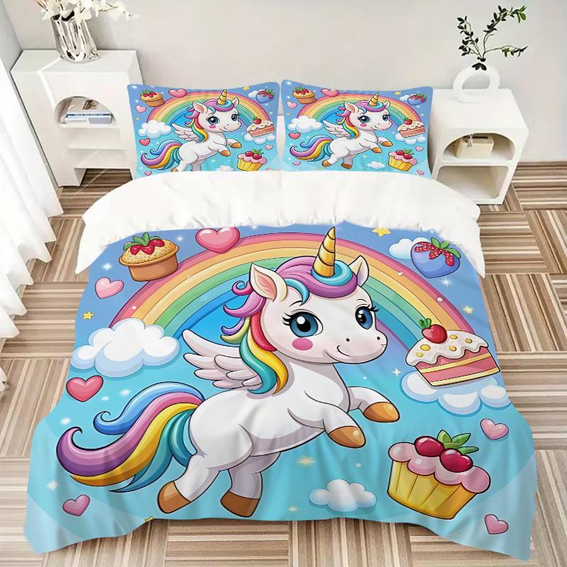 Rainbow Unicorn Fantasy Print 3Pcs Bedding Setduvet Cover With 2 Bedropillowcase Home Birthday Gift