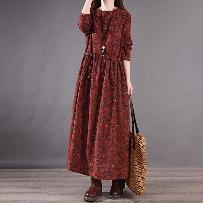 Cotton and Linen Dress Spring Autumn Style Printed Long-sleeved Slimming Retro Floral Temperament Casual Long Skirt