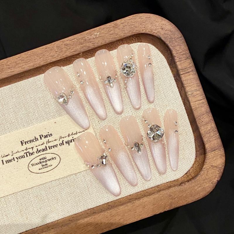 French Fake Nails Cat Eye Gradient Press on False Nails with Diamond Design Artificial Nail Removable Long Almond Nail Handmade