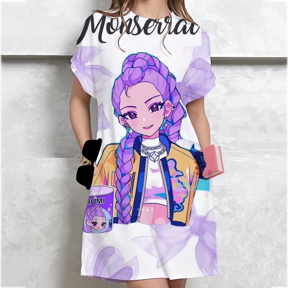Kpop Lovec Démonů Huntrix Šaty Pro Ženy Módní Dámské Ležérní Šaty S Květinovým Potiskem Elegantní Výstřih Do V Volné A-Liniové Boho Plážové Šaty