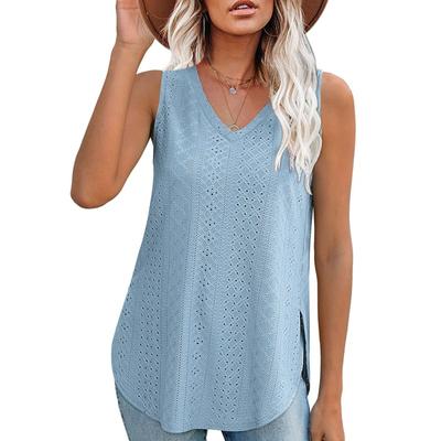Women's Spring and Summer New V-neck T-shirt Sleeveless Hollow Jacquard Blouse Casual Vest Women