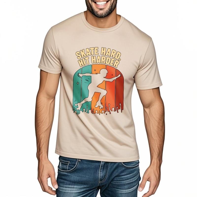 Solid Color Male Short Sleeve T Shirt Unisex Skate Hard Hit Harder Roller Skater Silhouette Crowd Background Classic Unisex