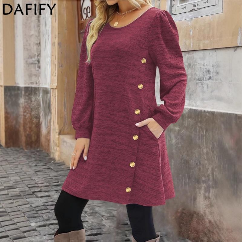 DAFIFY Women's Fashion Spring Fall Solid Color Print Long Sleeve O-Neck Loose Waistline Casual Dresses
