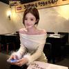 Elegant Off-White Rhinestone One-Shoulder Long Sleeve Top for Socialite Women