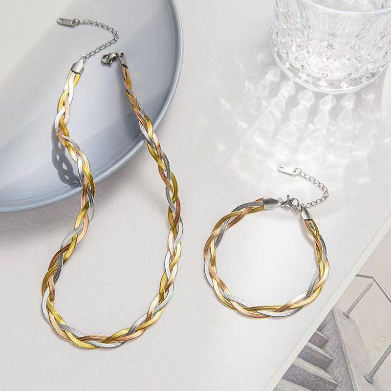 18k gold, silver, and rose gold three-strand snake chain wrap necklace & hand-braided premium titanium steel bracelet