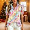 Women's Casual Ruffle V-Neck Short-Sleeve Button-Up Blouse with Christmas Print
