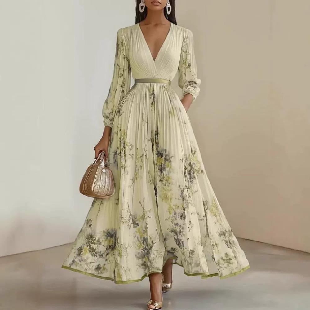 Women's V-Neck Long Sleeve Floral Print Pleated Maxi Dress  with Elastic Waist