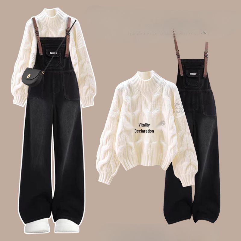 Winter 2025 Women's Plus Size Cable Knit Sweater & Denim Overalls Set