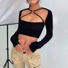 Top casual de dos piezas para mujer, color liso de otoño, manga hueca, ombligo descubierto, manga larga, estilo europeo y americano