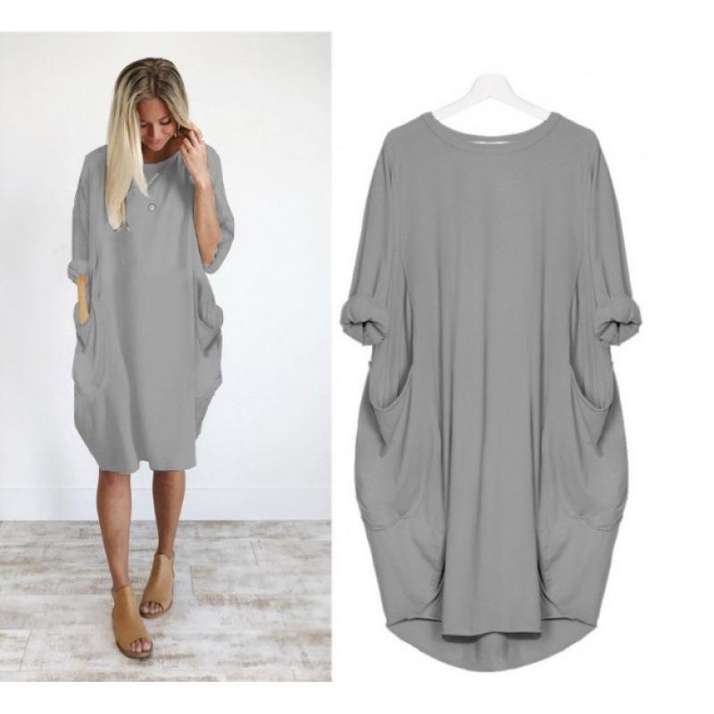 Women's Casual Loose Pocket Long Sleeve Plus Size Dress