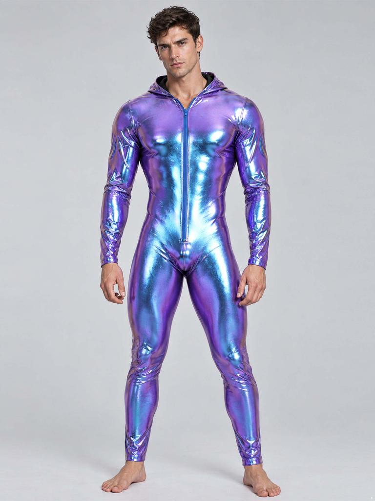 Men Metallic Shiny Hooded Jumpsuit Long Sleeve Front Zip-up Leggings Tights Catsuit Bodysuit for Rave Party Clubwear Night Out