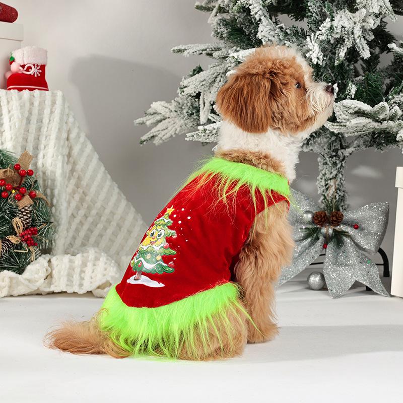 Green Haired Strange Christmas Dress Gold Velvet Fabric Christmas Tree Print Pet Party Christmas Clothes