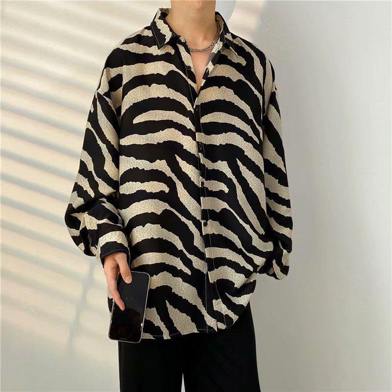 Men's Japanese-Style Full Print Long Sleeve Shirt - Casual, Trendy, Hong Kong-Style Cardigan for Spring/Autumn