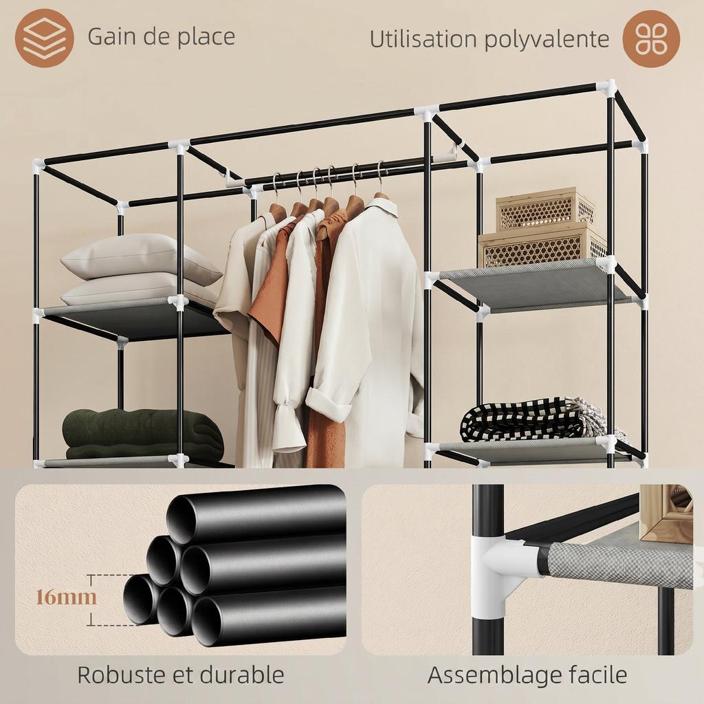 Fabric Wardrobe, Foldable, Hanging Rail, Shelves, 150 x 43 x 162.5 cm, Light Grey