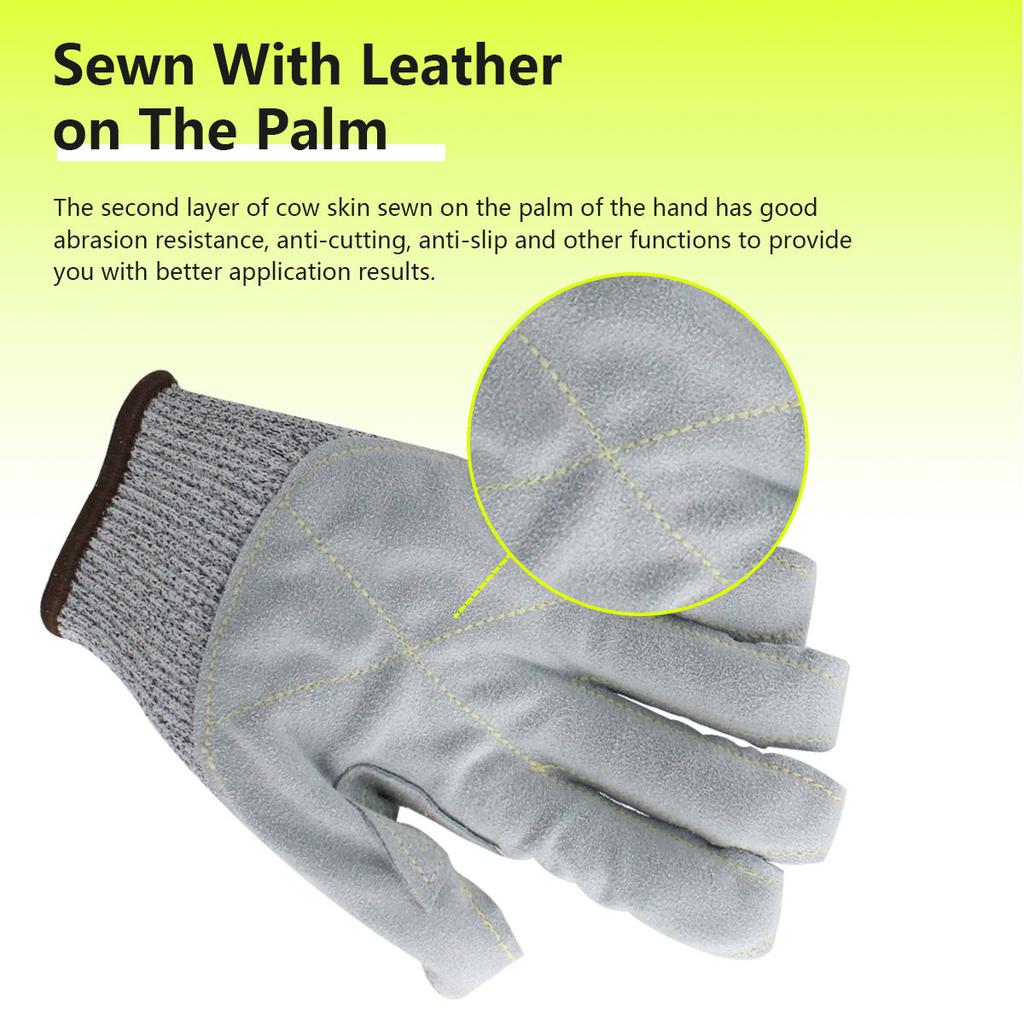 SIZA Safety Cut Proof Seamless Knitted Safety Gloves with Cow Leather Palm Anti-cut Function for Slaughter Cutting & Repair Work