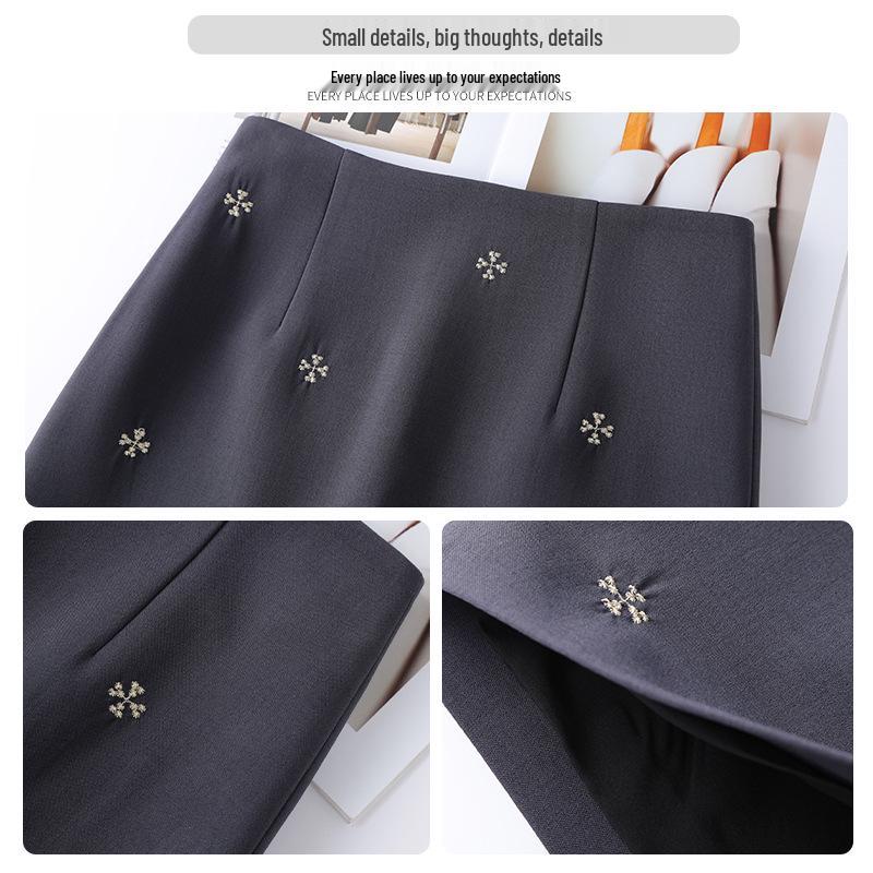 Spring 2026 Light Luxury Grey Embroidered A-Line Slim Skirt for Women