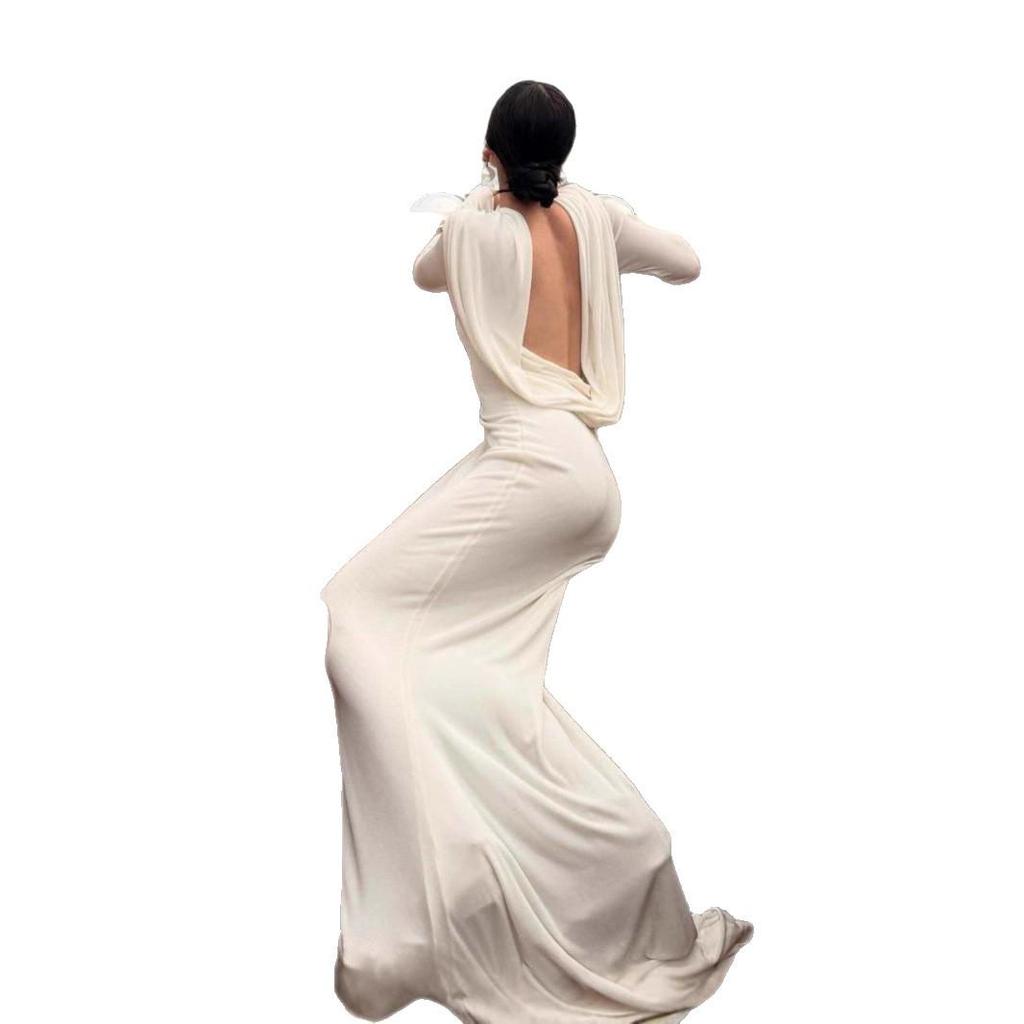 Autumn 2025 High-End Chic V-Neck Backless Pleated Long Dress