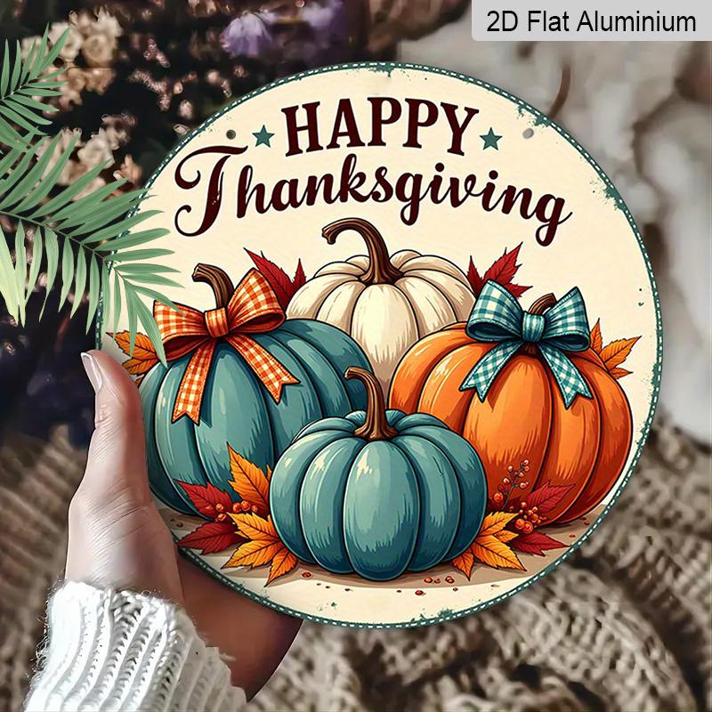 2D Flat, 1pc Decorative Signs And Plaques Featuring a Round Metal Wall Art for Thanksgiving, Designed with a Pumpkin Feast Theme. This Aluminum Sign