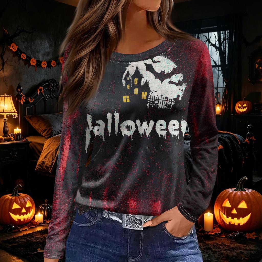 Women's Halloween Print Long Sleeve Top with Side Slit Round Neck for Casual Everyday Wear
