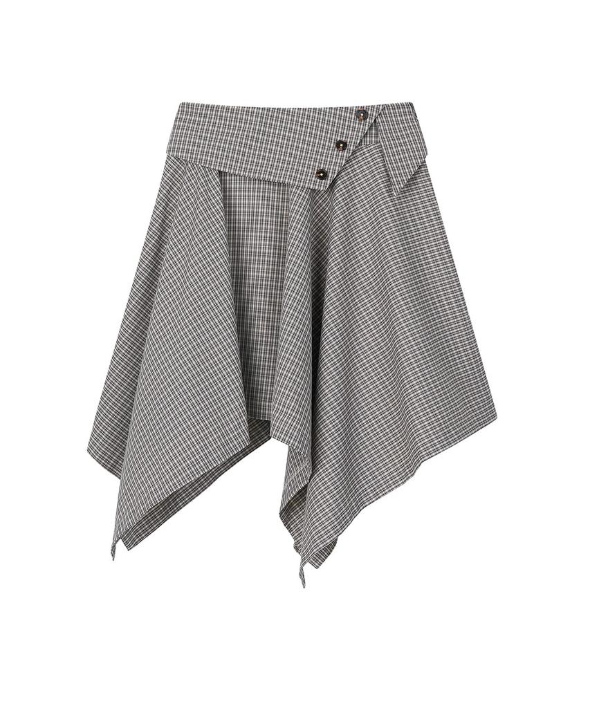 Lotaib Unbalance Button Check Skirt - Beige