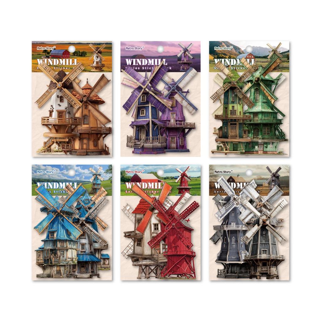 Retro Windmill Sticker Set - Pastoral Journal Decor, 6 Styles