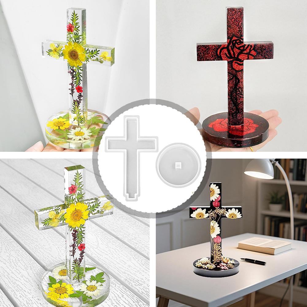 Church Cross Silicone Mold DIY Gypsum Concrete Pouring Table Ornaments Resin Mold 3D Cross Christian Sign with Base Crafts Gifts