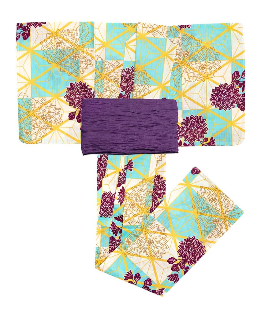Yukata Set Junior Retro B Change Weave 2 Piece Set Heiko Girls Shade [KYOETSU] (Yukata, Obi) (130cm, 5. Chrysanthemum)