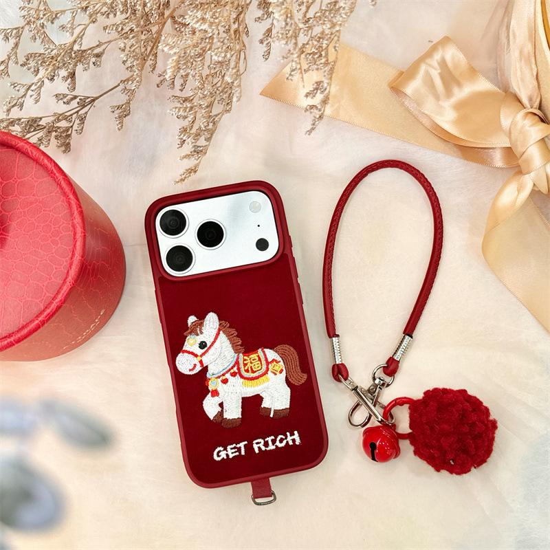 Embroidered Fu Horse Lanyard for iPhone 17, Apple 16 Pro Max, 15, 14 Phone Case - New Year Style. iPhone 16 Pro